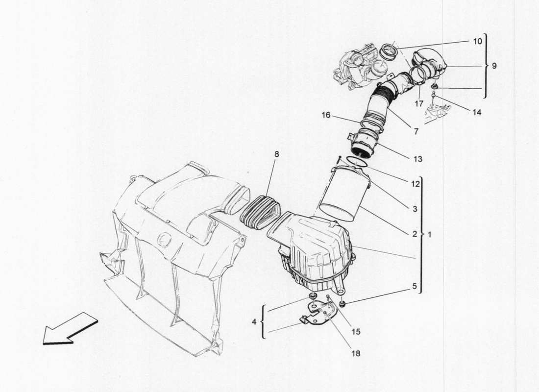 maserati qtp. v6 3.0 tds 275bhp 2017 diagramma delle parti del filtro dell'aria, della presa d'aria e dei condotti