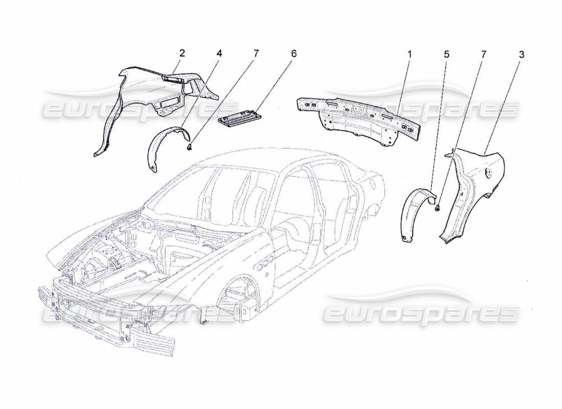 maserati qtp. (2010) 4.7 schema delle parti della carrozzeria e dei pannelli di rivestimento esterni posteriori