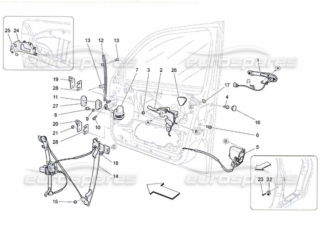 maserati qtp. (2010) 4.7 porte anteriori: diagramma delle parti dei meccanismi