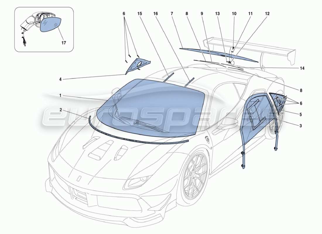 ferrari 488 challenge diagramma della parte in vetro