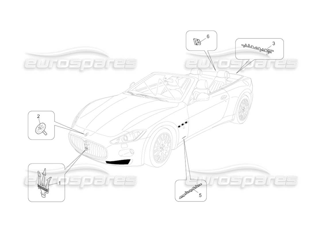 maserati grancabrio (2010) 4.7 diagramma delle parti di finiture, marchi e simboli