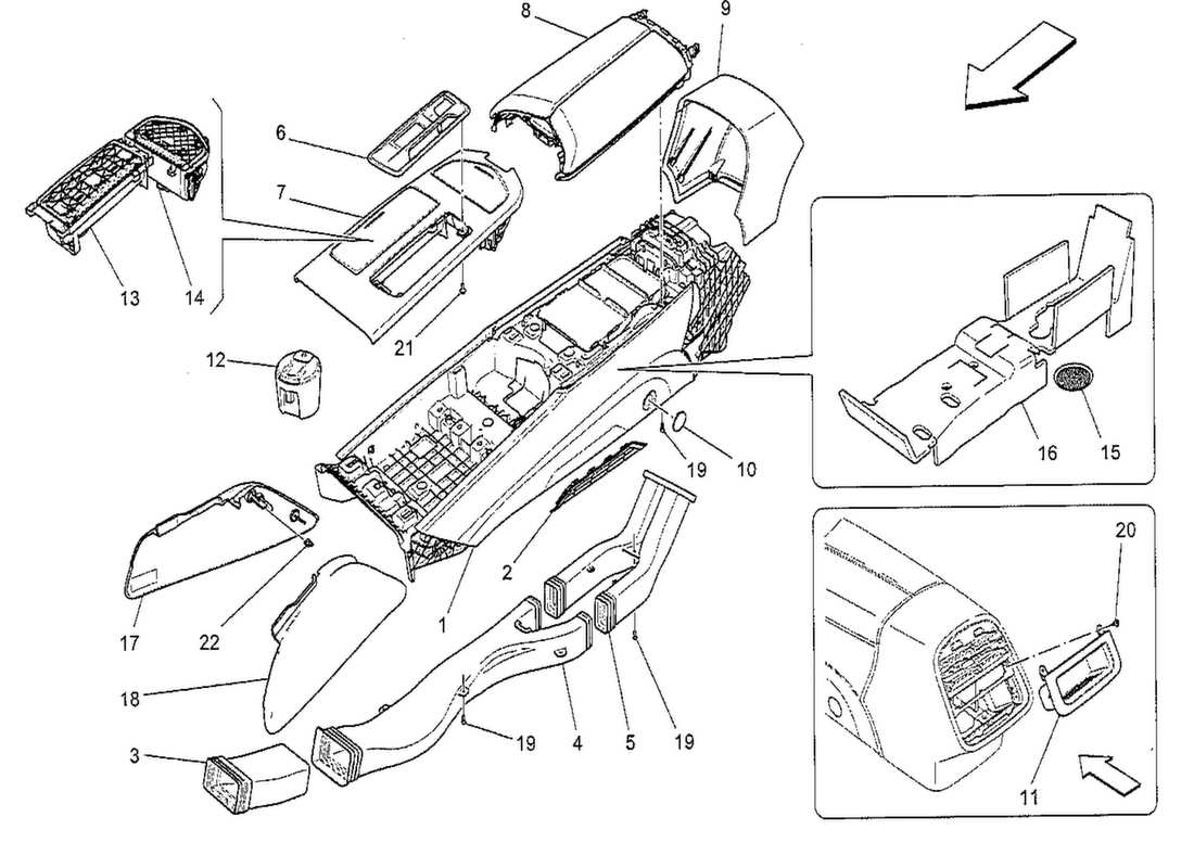 maserati qtp. v8 3.8 530bhp 2014 schema delle parti della console accessoria e della console centrale