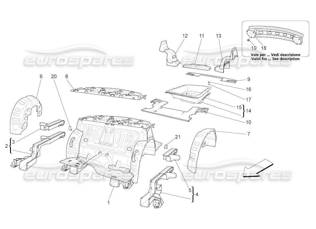 maserati qtp. (2011) 4.7 auto schema delle parti dei telai strutturali posteriori e dei pannelli in lamiera