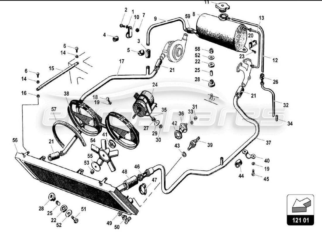 lamborghini miura p400s diagramma delle parti del sistema di raffreddamento ad acqua