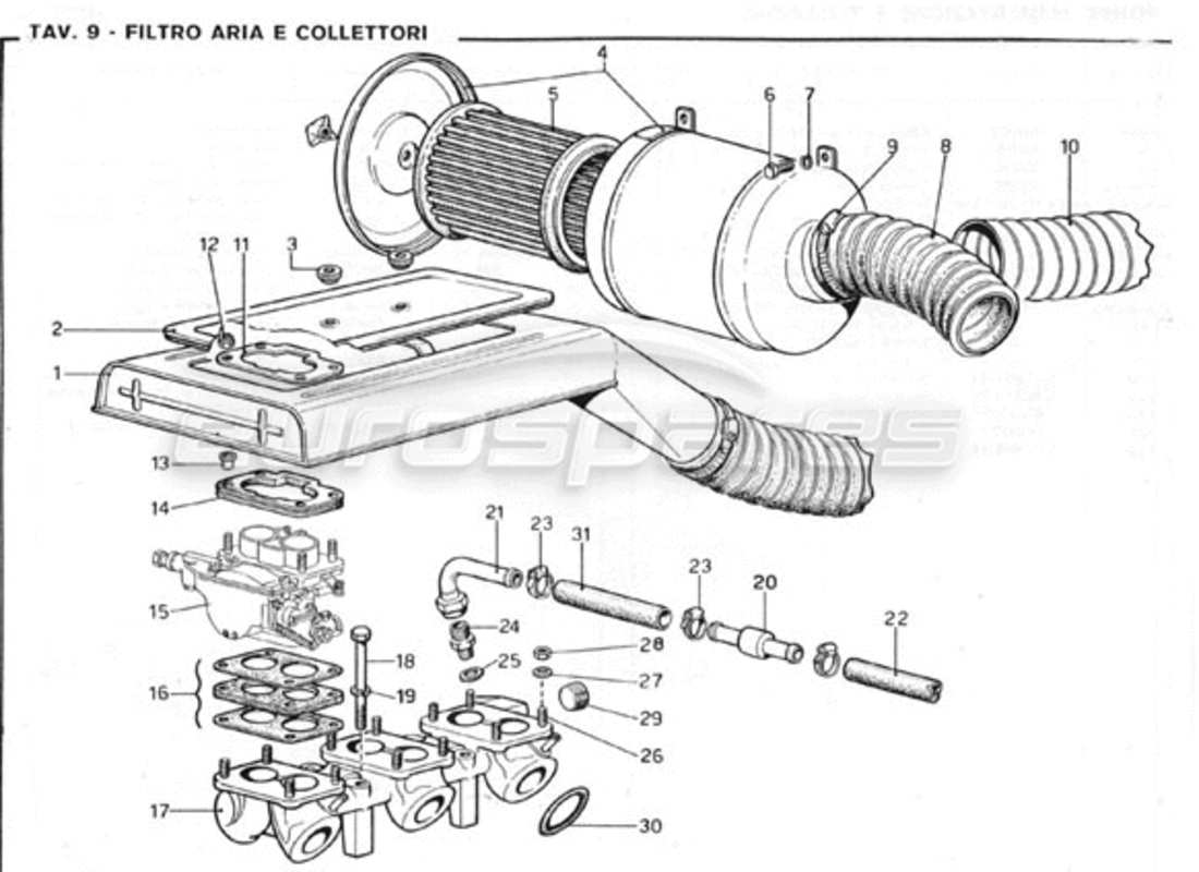 ferrari 246 gt series 1 diagramma delle parti del filtro dell'aria e dei collettori