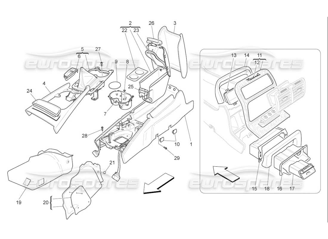 maserati qtp. (2009) 4.7 auto schema delle parti della console accessoria e della console centrale