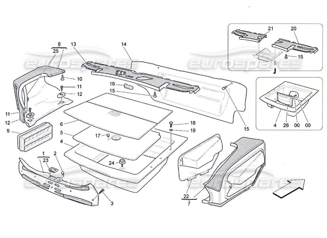 maserati qtp. (2010) 4.7 diagramma delle parti dei tappetini del vano bagagli