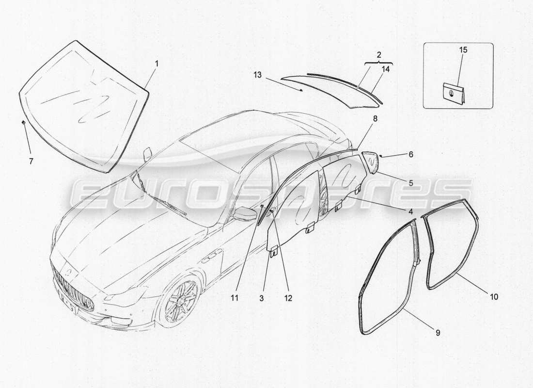 maserati qtp. v8 3.8 530bhp auto 2015 diagramma delle parti di finestre e strisce di finestre