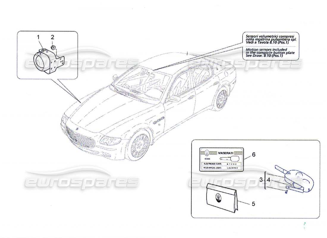 maserati qtp. (2010) 4.7 diagramma delle parti del sistema di allarme e immobilizzatore