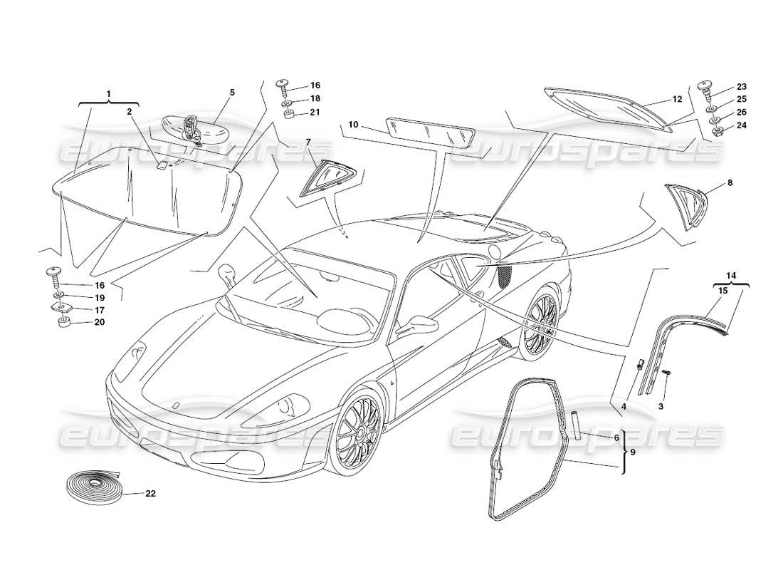 ferrari 430 challenge (2006) diagramma delle parti di vetri e guarnizioni
