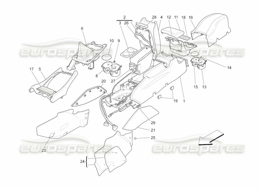 maserati grancabrio (2010) 4.7 schema delle parti della console accessoria e della console centrale