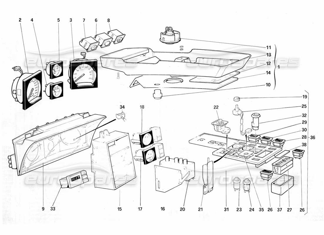 ferrari testarossa (1987) schema delle parti degli strumenti e degli accessori dell'abitacolo (per la versione usa my 1987).