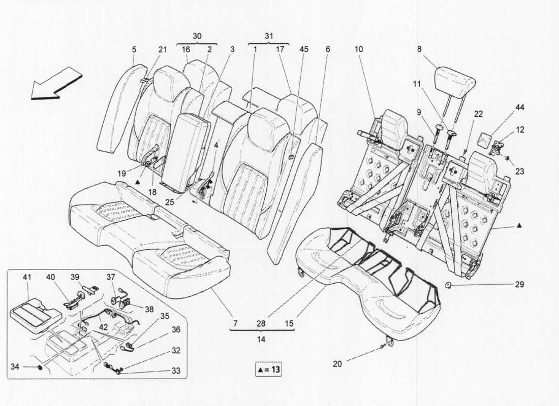 maserati qtp. v6 3.0 tds 275bhp 2017 sedili posteriori: schema delle parti dei pannelli di rivestimento