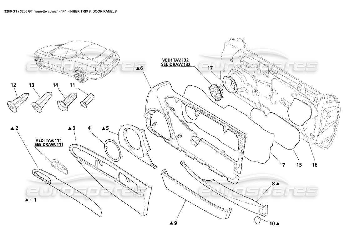 maserati 3200 gt/gta/assetto corsa rivestimenti interni: diagramma delle parti dei pannelli delle porte