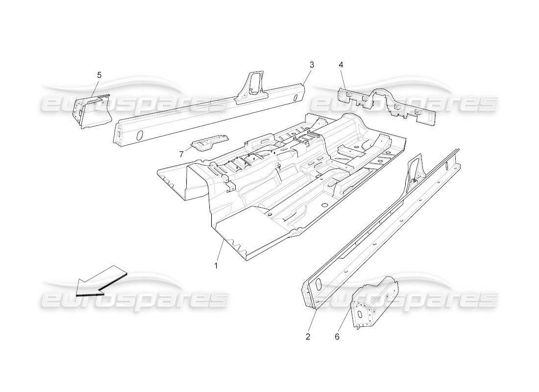 maserati qtp. (2011) 4.7 auto schema delle parti dei telai strutturali centrali e dei pannelli in lamiera