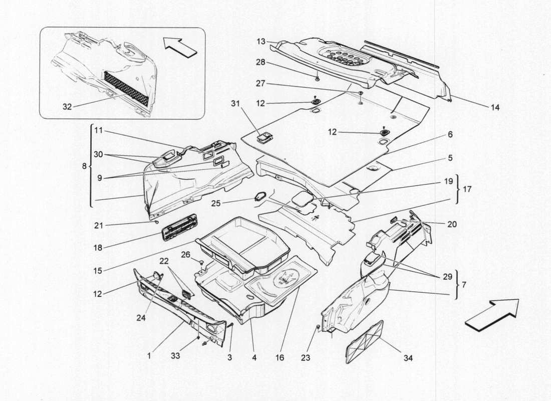 maserati qtp. v6 3.0 bt 410bhp 2015 diagramma delle parti dei tappetini del vano bagagli