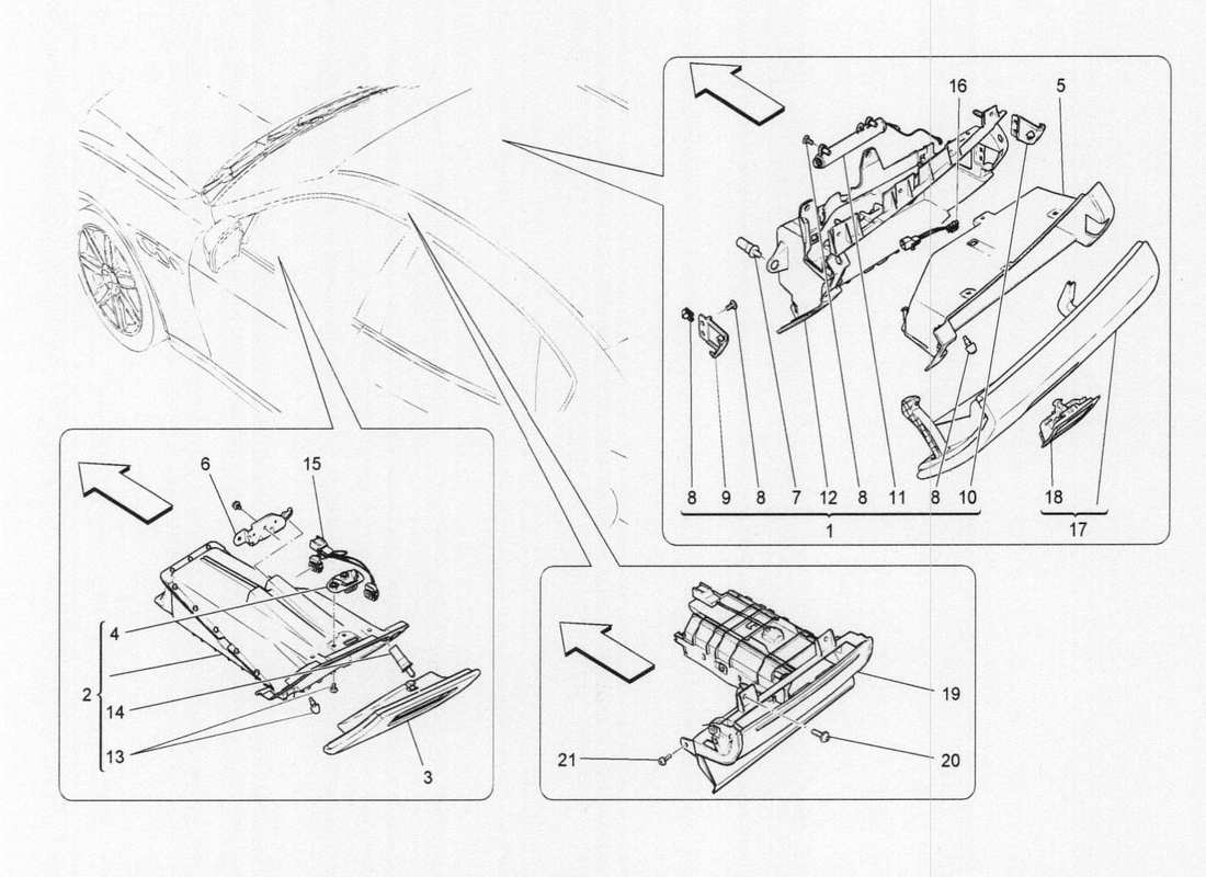 maserati qtp. v6 3.0 tds 275bhp 2017 diagramma delle parti del vano portaoggetti del cruscotto
