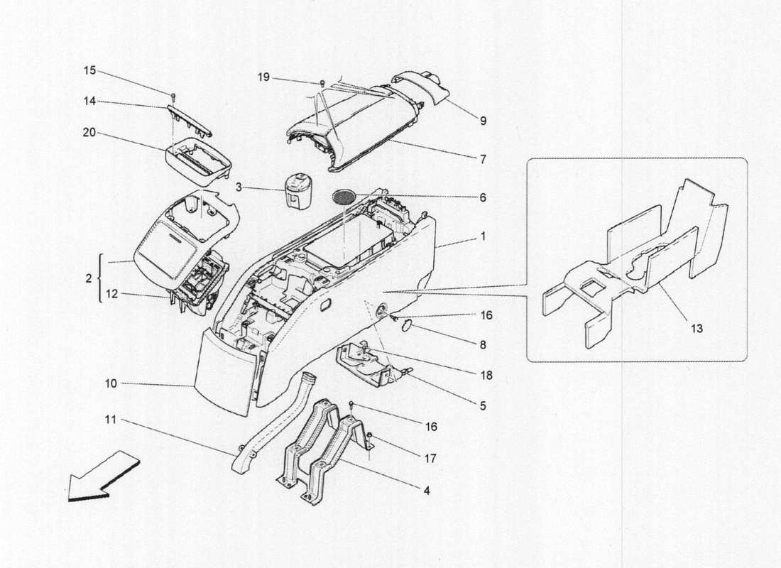 maserati qtp. v6 3.0 tds 275bhp 2017 diagramma delle parti dei vani portaoggetti