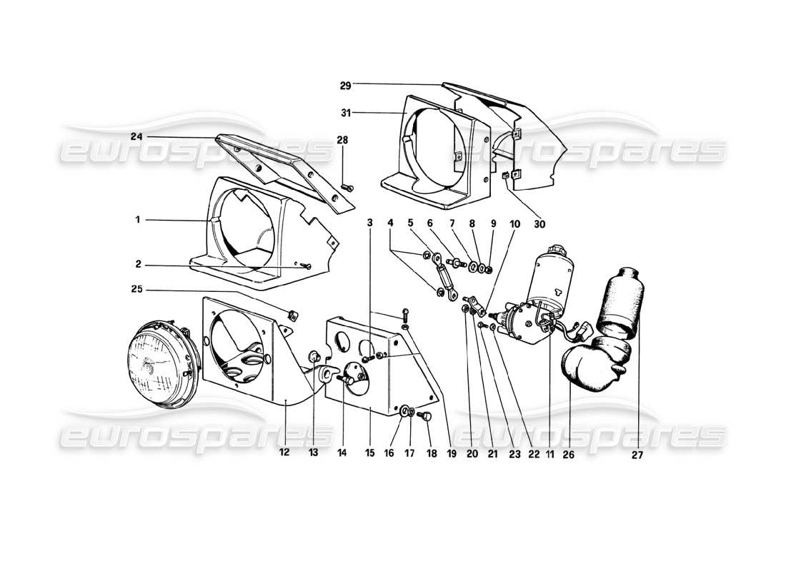 ferrari 308 gtb (1980) diagramma delle parti del dispositivo di sollevamento fari (varianti per versioni rhd - aus).