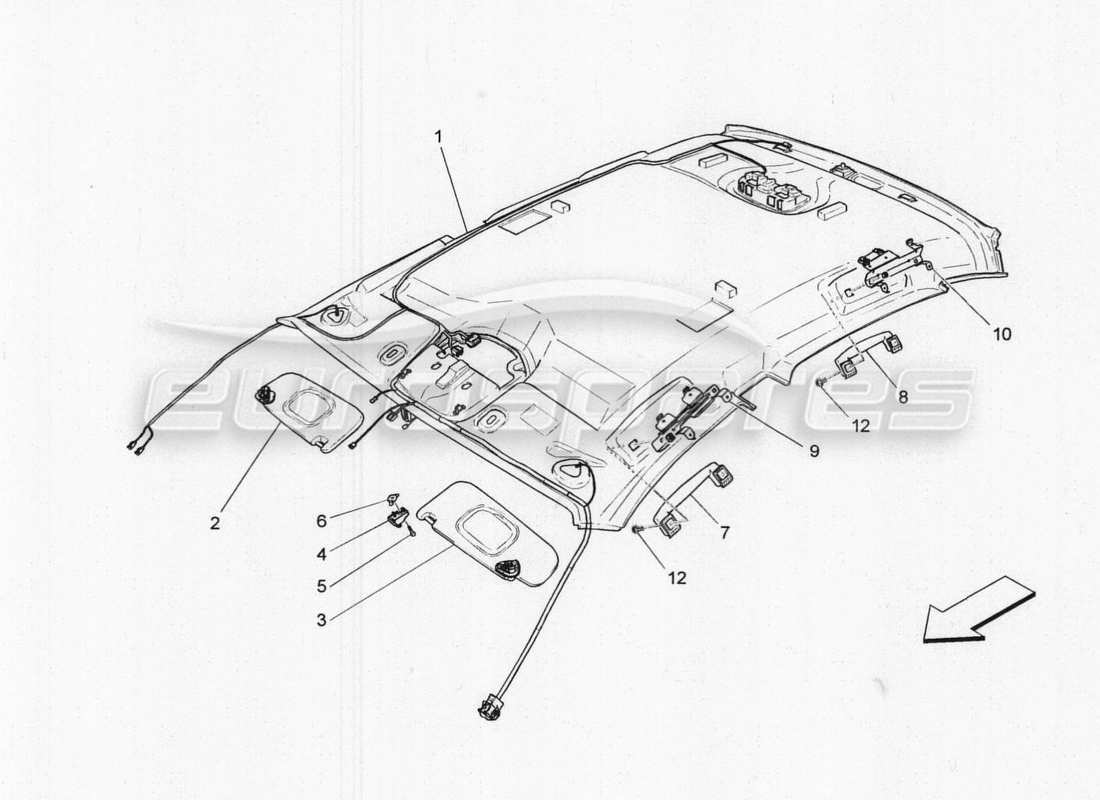 maserati qtp. v8 3.8 530bhp 2014 auto diagramma delle parti del tetto e delle alette parasole