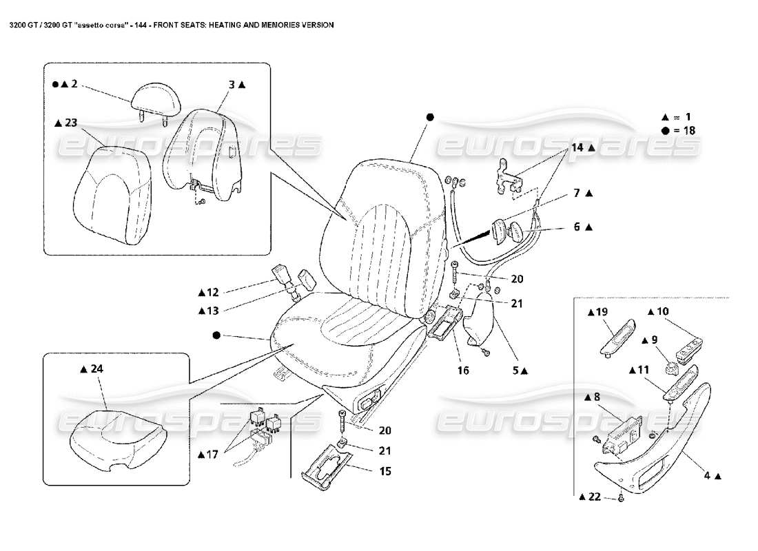 maserati 3200 gt/gta/assetto corsa sedili anteriori: diagramma delle parti della memoria riscaldata