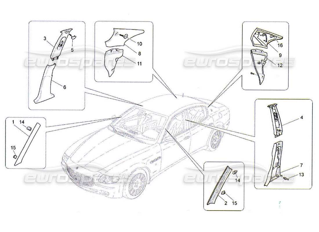 maserati qtp. (2010) 4.2 schema delle parti dei pannelli di rivestimento del montante b e dei pannelli laterali dell'abitacolo
