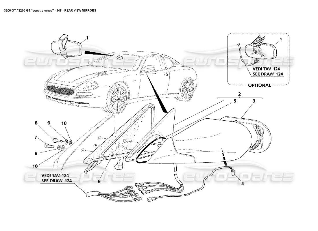 maserati 3200 gt/gta/assetto corsa diagramma delle parti degli specchietti retrovisori
