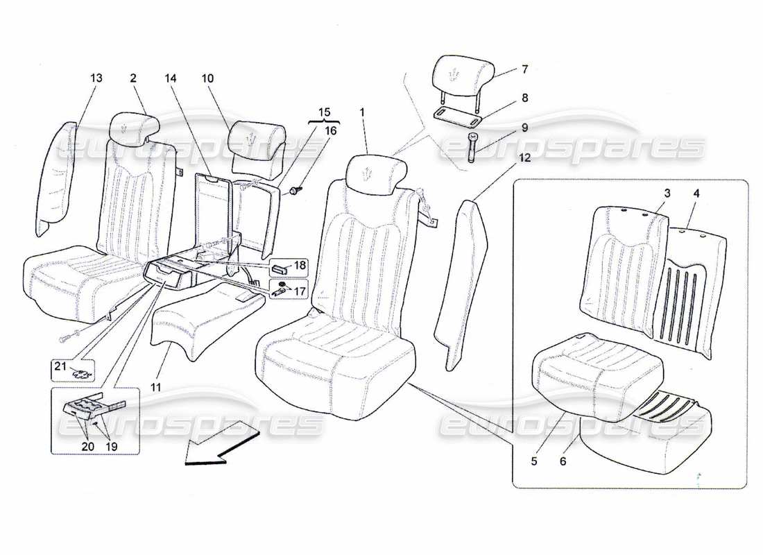 maserati qtp. (2010) 4.7 sedili posteriori: schema delle parti dei pannelli di rivestimento