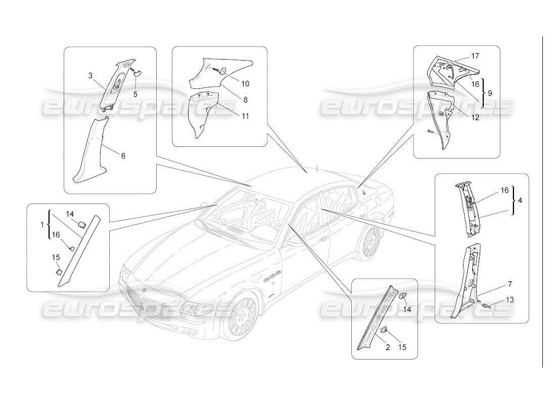 maserati qtp. (2007) 4.2 auto schema delle parti dei pannelli di rivestimento del montante b e dei pannelli laterali dell'abitacolo