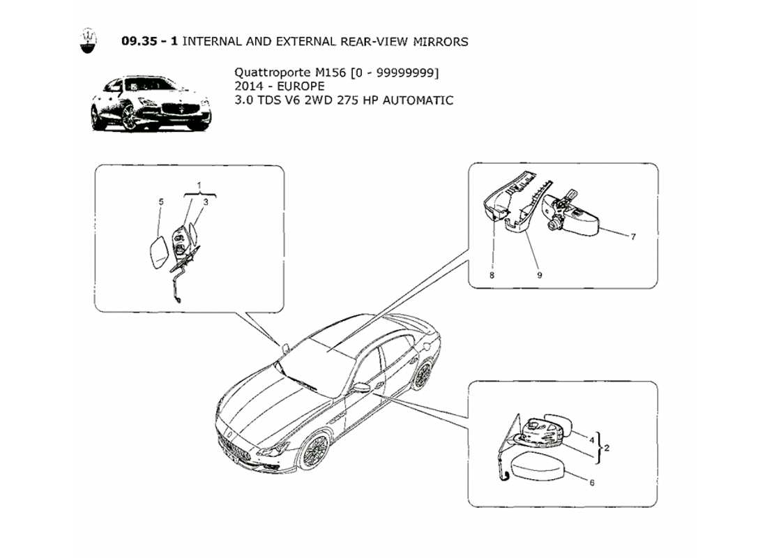 maserati qtp. v6 3.0 tds 275bhp 2014 schema delle parti degli specchietti retrovisori interni ed esterni