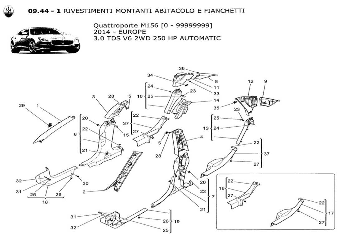maserati qtp. v6 3.0 tds 250bhp 2014 schema delle parti dei pannelli di rivestimento del montante b e dei pannelli laterali dell'abitacolo