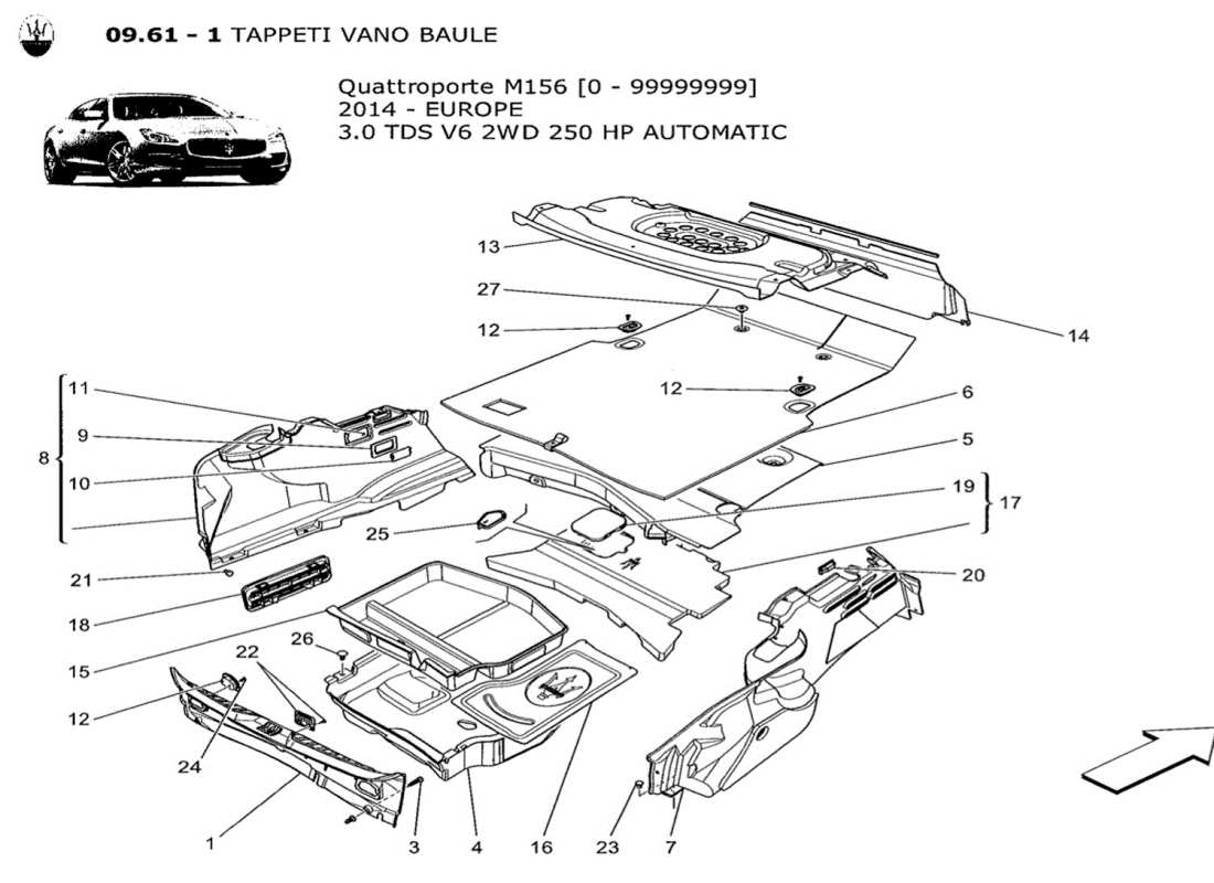 maserati qtp. v6 3.0 tds 250bhp 2014 diagramma delle parti dei tappetini del vano bagagli