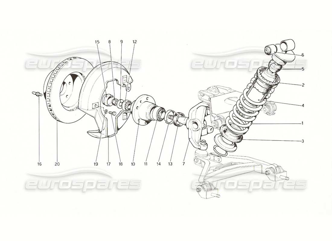 ferrari 308 gt4 dino (1976) sospensioni anteriori - schema delle parti ammortizzatori e dischi freno