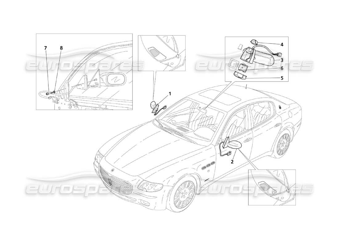 maserati qtp. (2003) 4.2 schema delle parti dello specchietto retrovisore interno ed esterno