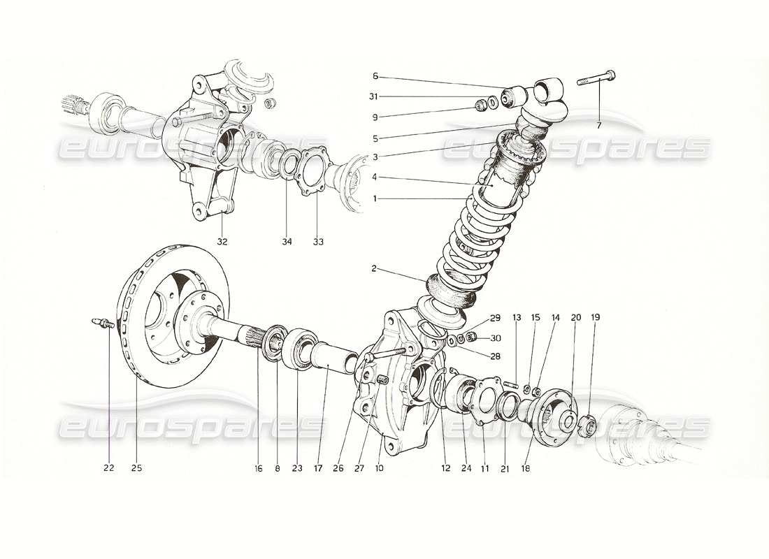 ferrari 308 gt4 dino (1976) schema delle parti della sospensione posteriore: ammortizzatore e disco freno