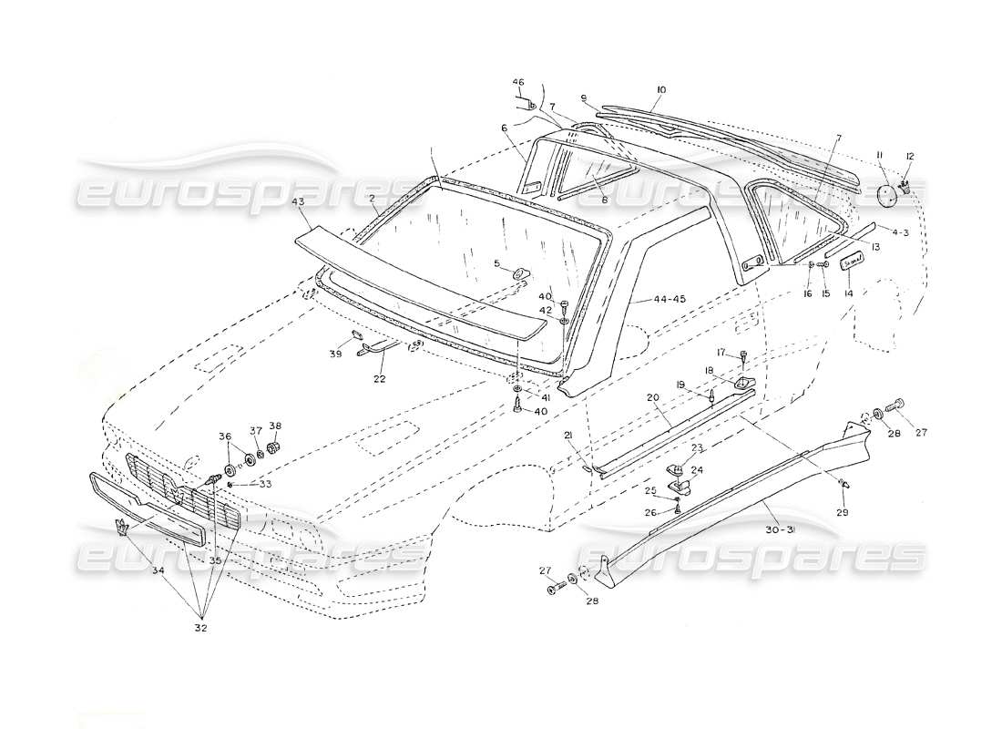 maserati shamal griglia del radiatore - modanatura esterna - vetri diagramma delle parti
