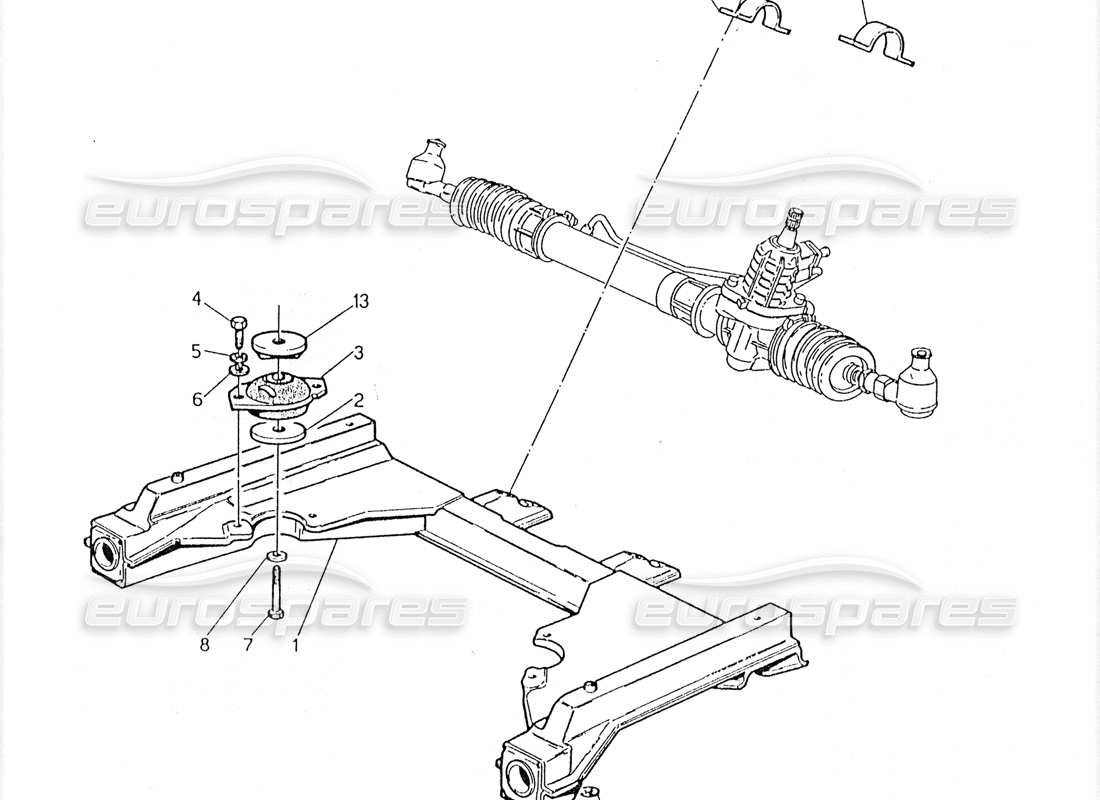 maserati 228 schema delle parti del sottotelaio anteriore e della scatola dello sterzo