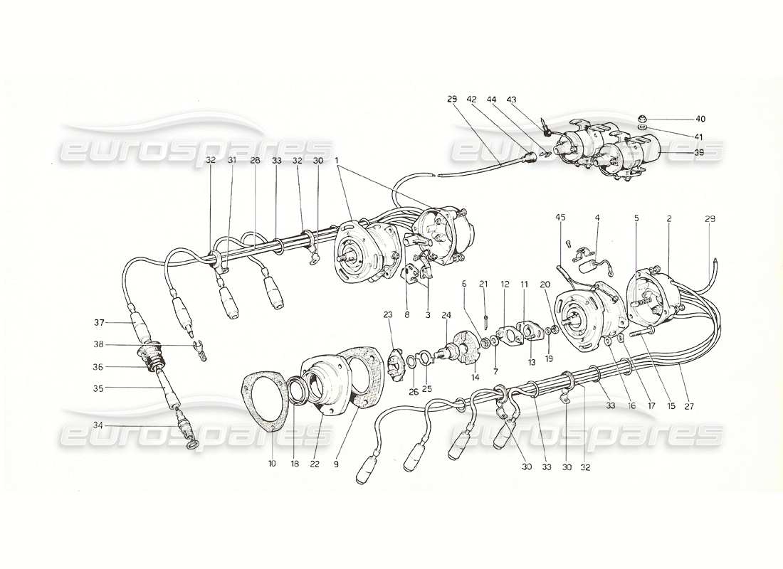 ferrari 308 gt4 dino (1976) diagramma delle parti di accensione del motore (2 distributori).