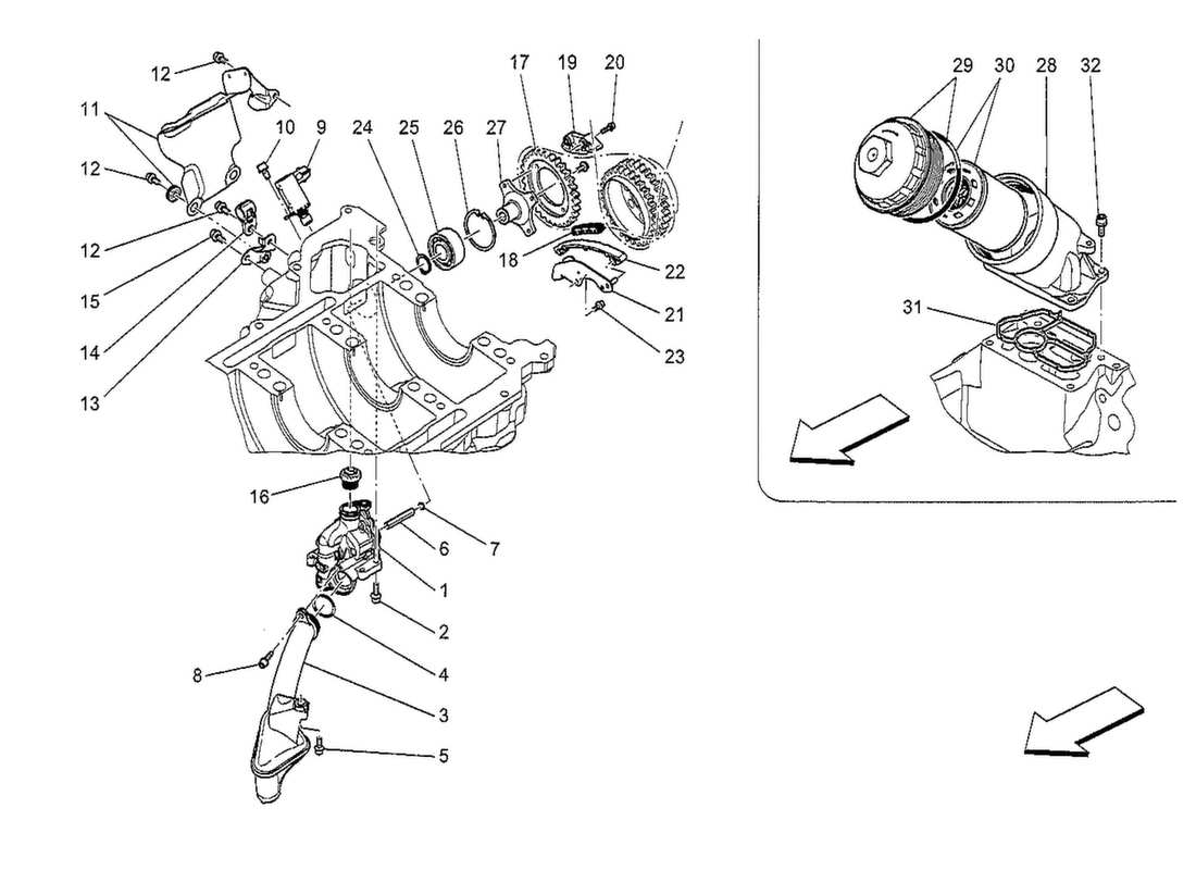 maserati qtp. v8 3.8 530bhp 2014 sistema di lubrificazione: diagramma delle parti di pompa e filtro
