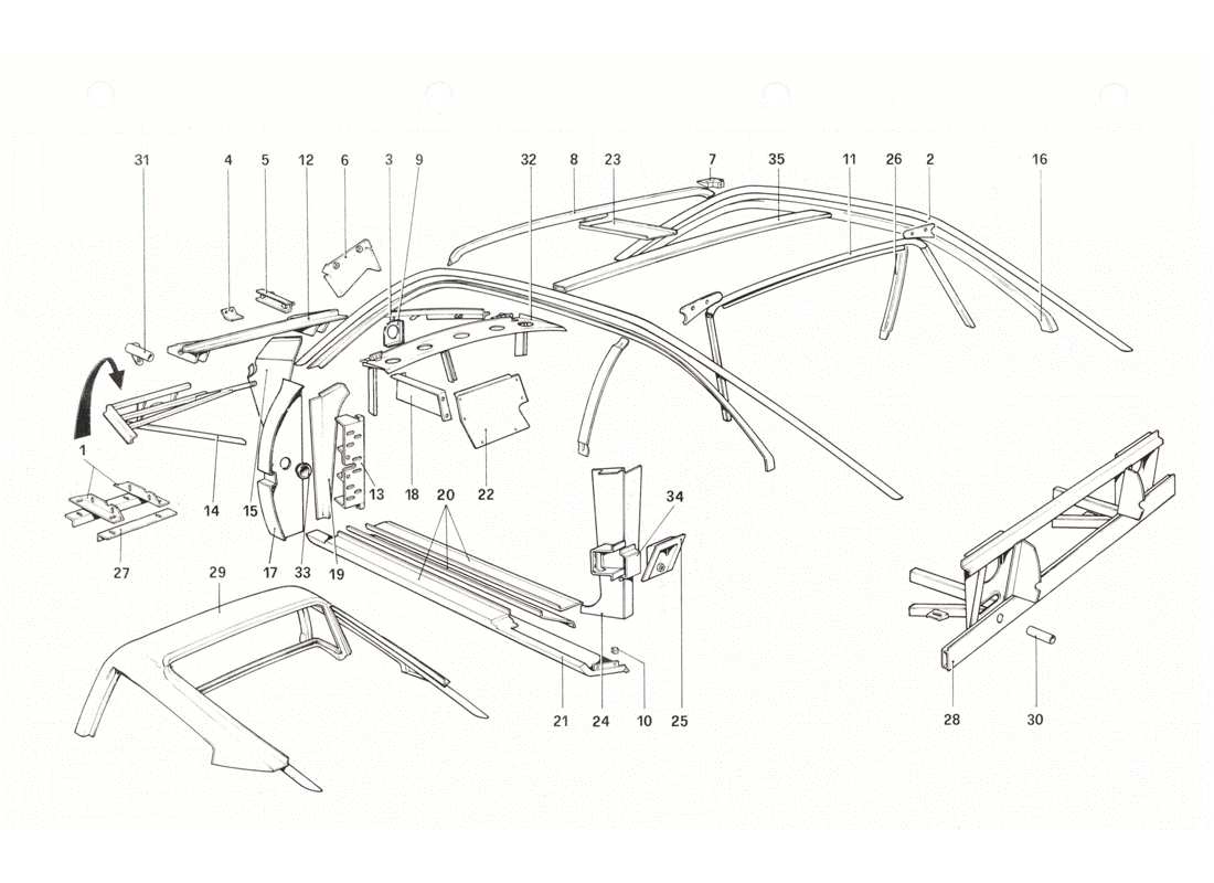 ferrari 208 gtb gts scocca - diagramma delle parti degli elementi interni