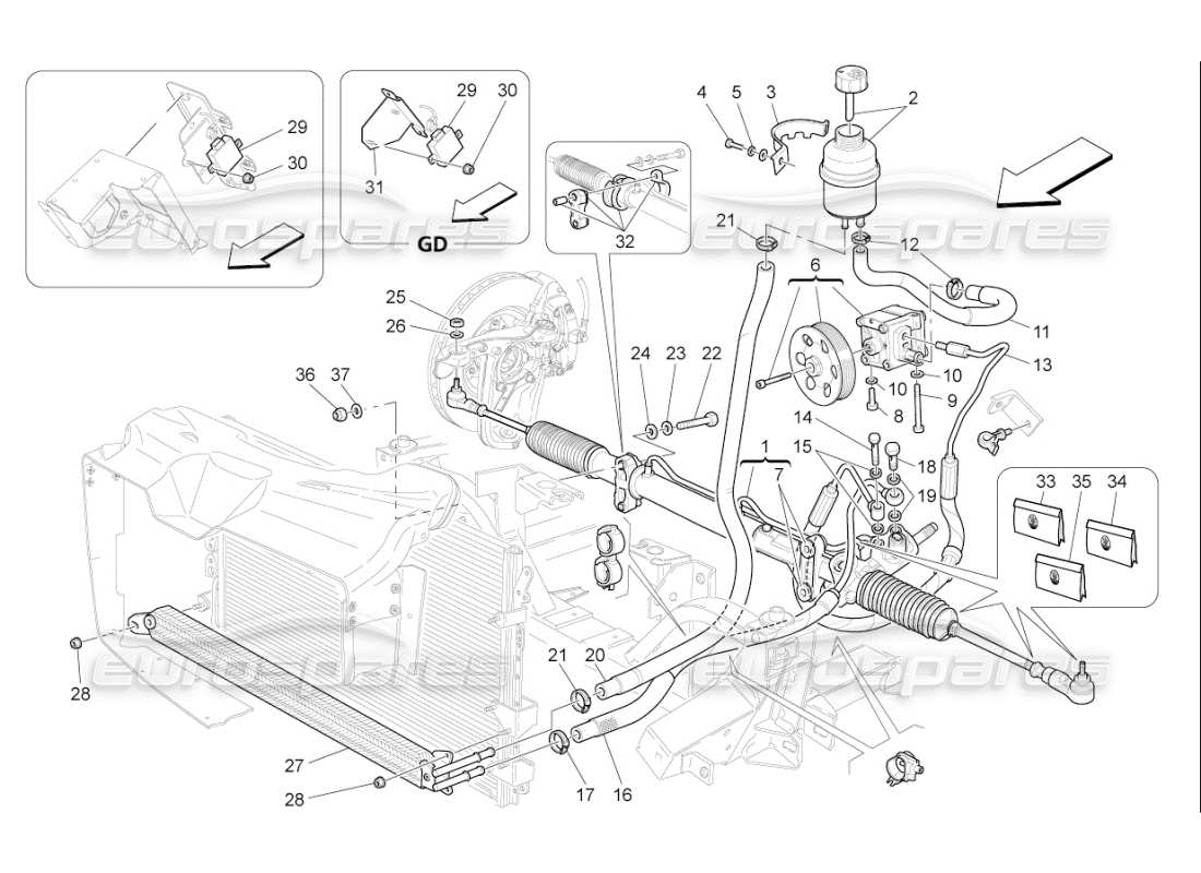 maserati qtp. (2009) 4.7 auto schema delle parti della scatola dello sterzo e della pompa dello sterzo idraulica