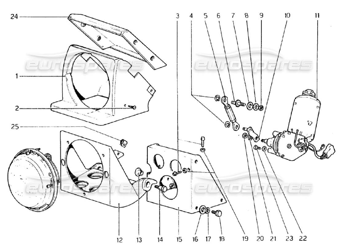 ferrari 308 gtb (1976) diagramma delle parti del dispositivo di sollevamento fari (valido per versioni rhd - aus).