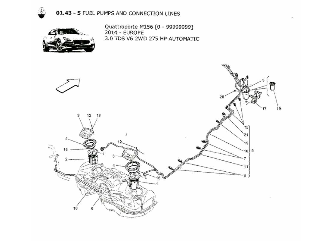 maserati qtp. v6 3.0 tds 275bhp 2014 diagramma delle parti delle pompe del carburante e delle linee di collegamento