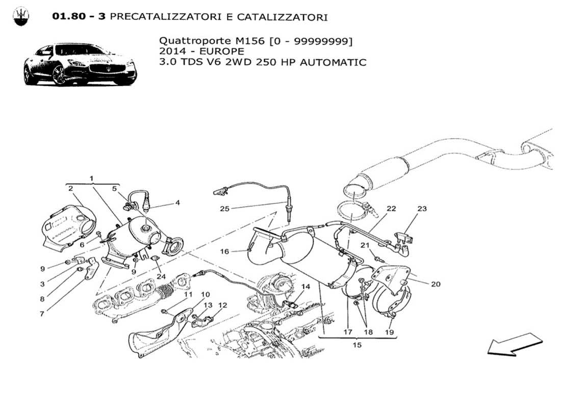 maserati qtp. v6 3.0 tds 250bhp 2014 diagramma delle parti dei convertitori pre-catalitici e dei convertitori catalitici