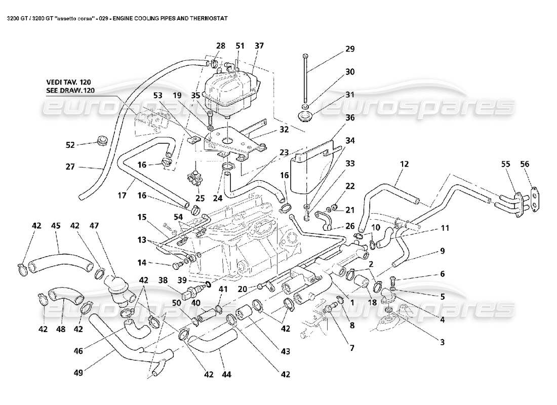 maserati 3200 gt/gta/assetto corsa diagramma delle parti dei tubi di raffreddamento del motore e del termostato