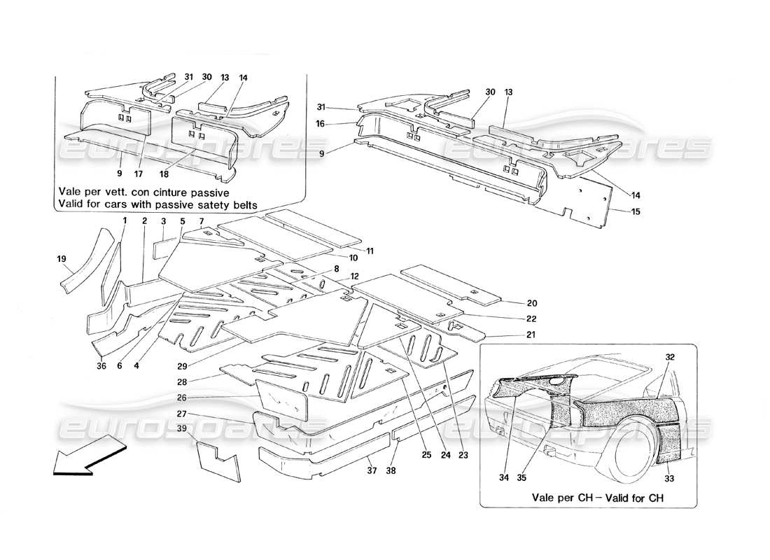 ferrari 348 (1993) tb / ts diagramma delle parti dell'isolamento dell'abitacolo dei passeggeri