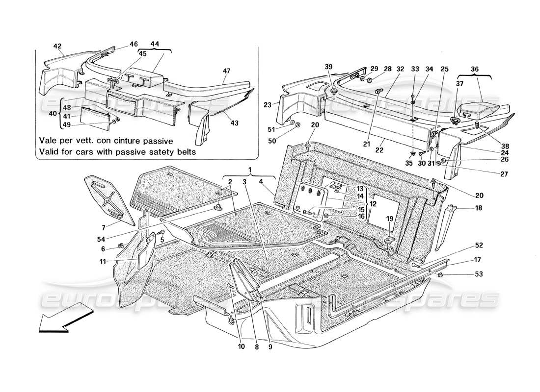 ferrari 348 (1993) tb / ts schema delle parti della moquette dell'abitacolo passeggeri