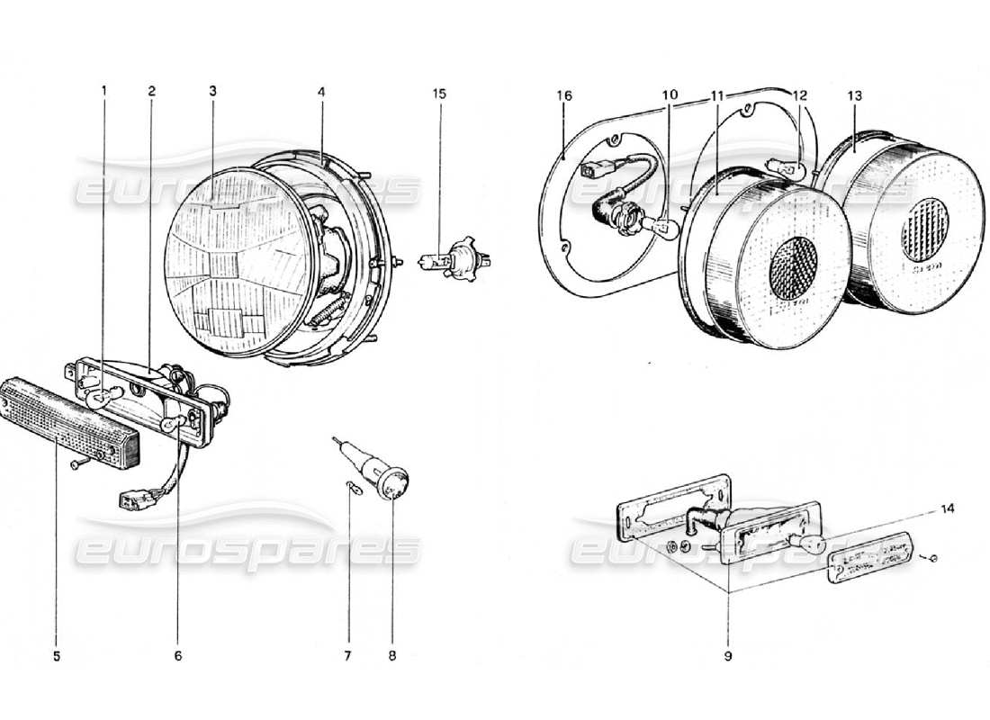 ferrari 308 gtb (1976) diagramma delle parti delle luci (valido per versioni rhd - aus).
