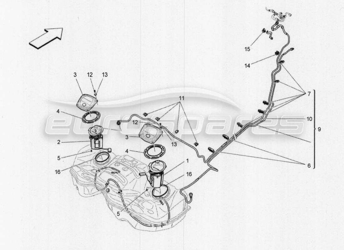 maserati qtp. v8 3.8 530bhp 2014 auto diagramma delle parti delle pompe del carburante e delle linee di collegamento