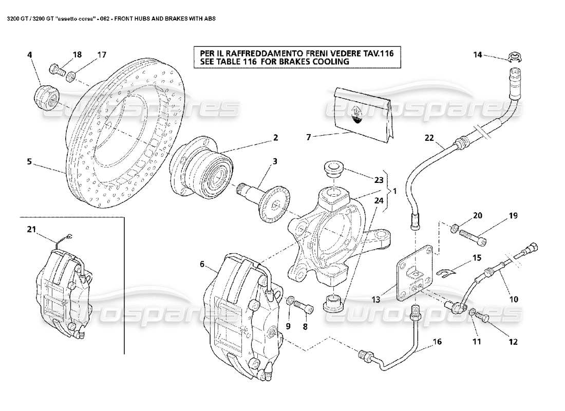 maserati 3200 gt/gta/assetto corsa mozzi anteriori e freni abs diagramma delle parti